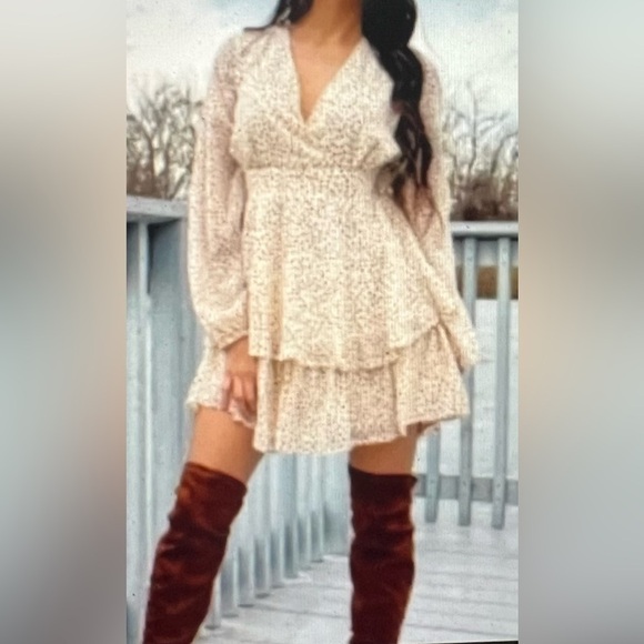 Japna Women's Tan Animal Print Long Sleeve Tiered Faux Wrap Mini Dress – Size S - Picture 7 of 7